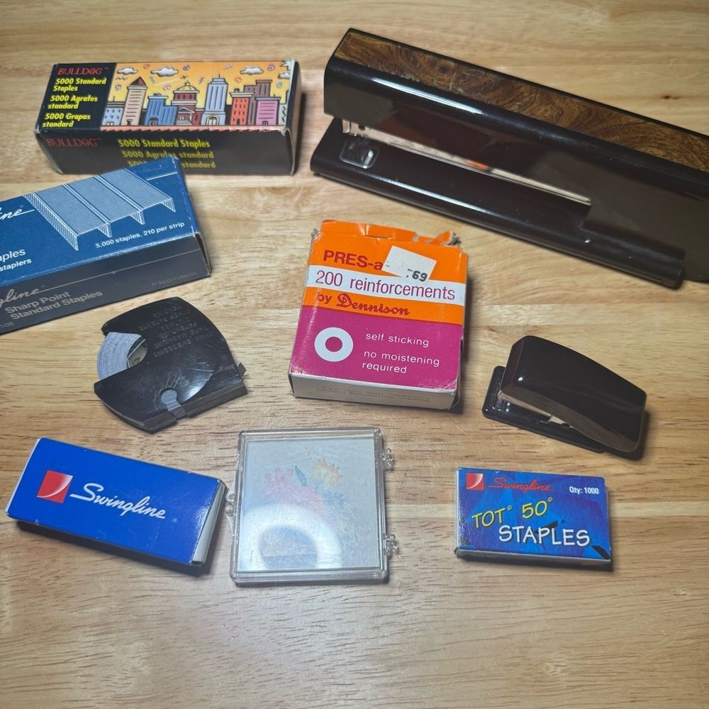 Vintage Office Supplies Lot Swingline Staples Dymo Tape Bates Junk Drawer Office